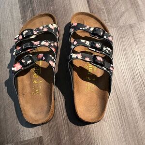 Floral Black Sandals with Buckles